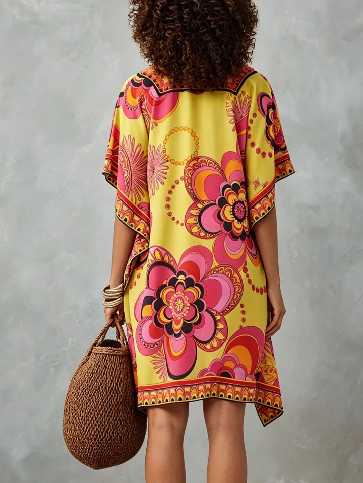 Effortless Multicolor Mini Dress for Women with Floral Print V-Neck Kaftan Style
