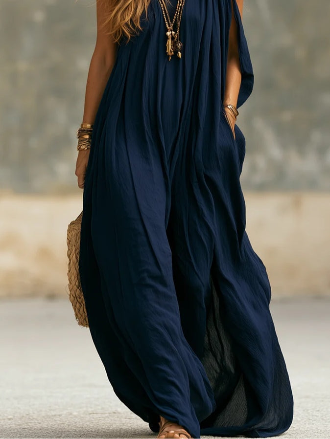 Effortless Navy Wide Leg Jumpsuit for Women with One Shoulder Draped Flowing Bohemian Style