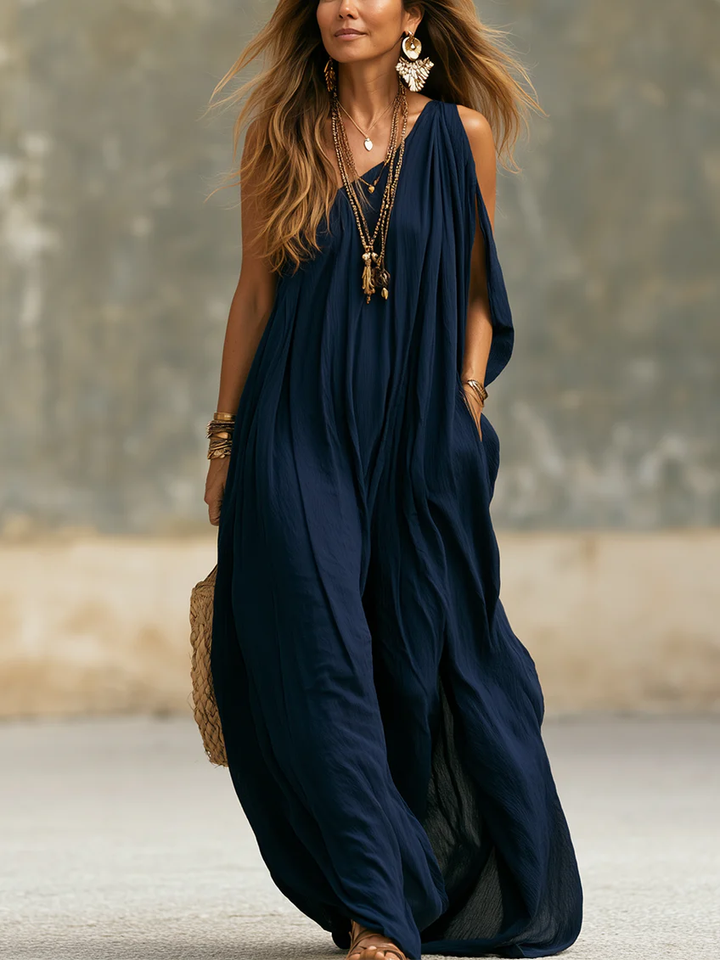 Effortless Navy Wide Leg Jumpsuit for Women with One Shoulder Draped Flowing Bohemian Style