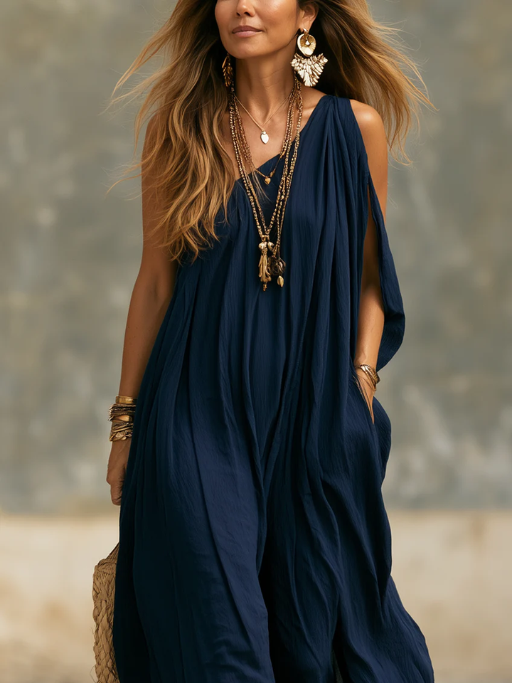 Effortless Navy Wide Leg Jumpsuit for Women with One Shoulder Draped Flowing Bohemian Style
