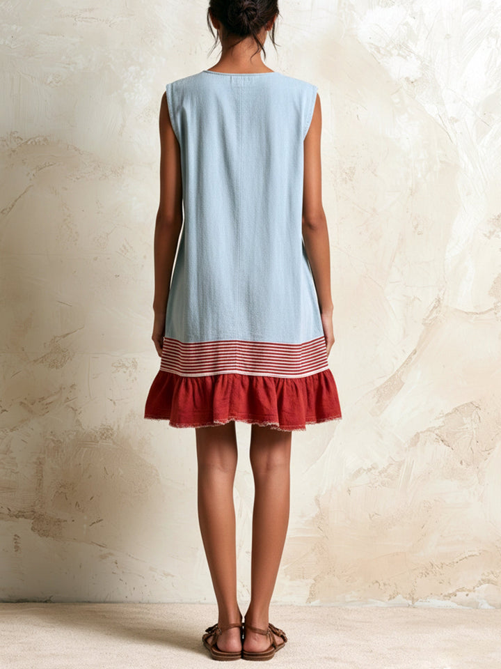 Effortless Blue Denim Mini Dress for Women with Ruffle Tiered Contrast Hem