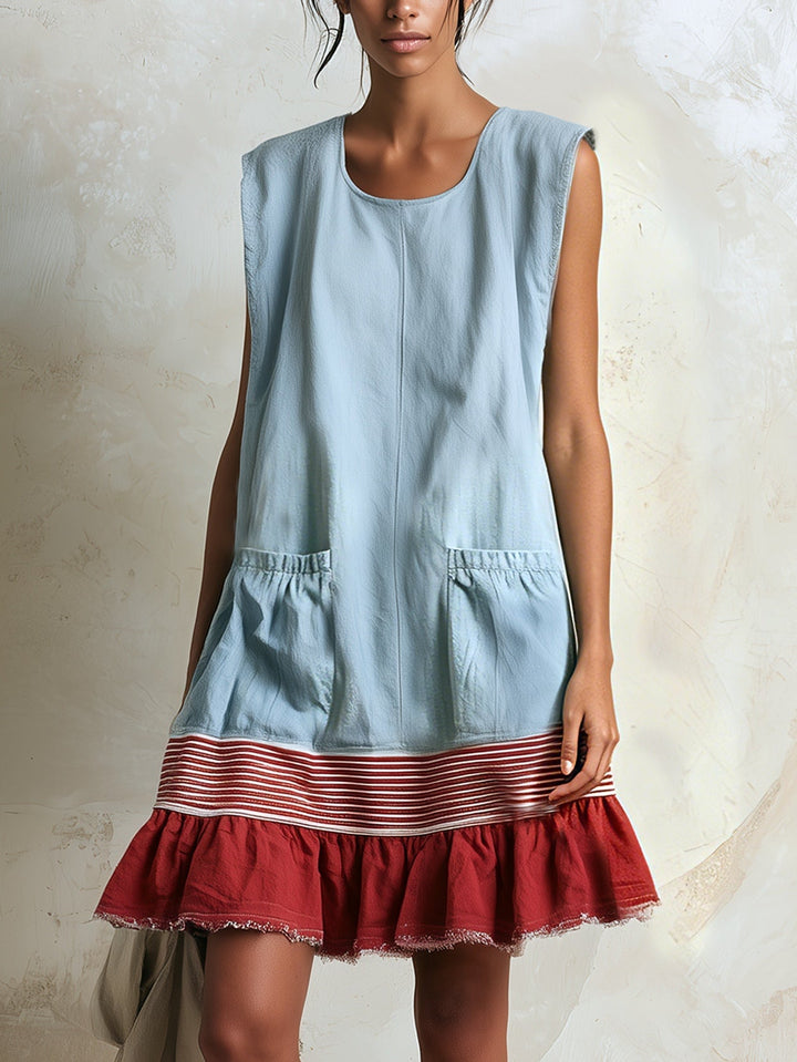 Effortless Blue Denim Mini Dress for Women with Ruffle Tiered Contrast Hem