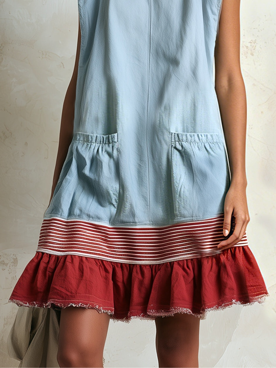 Effortless Blue Denim Mini Dress for Women with Ruffle Tiered Contrast Hem