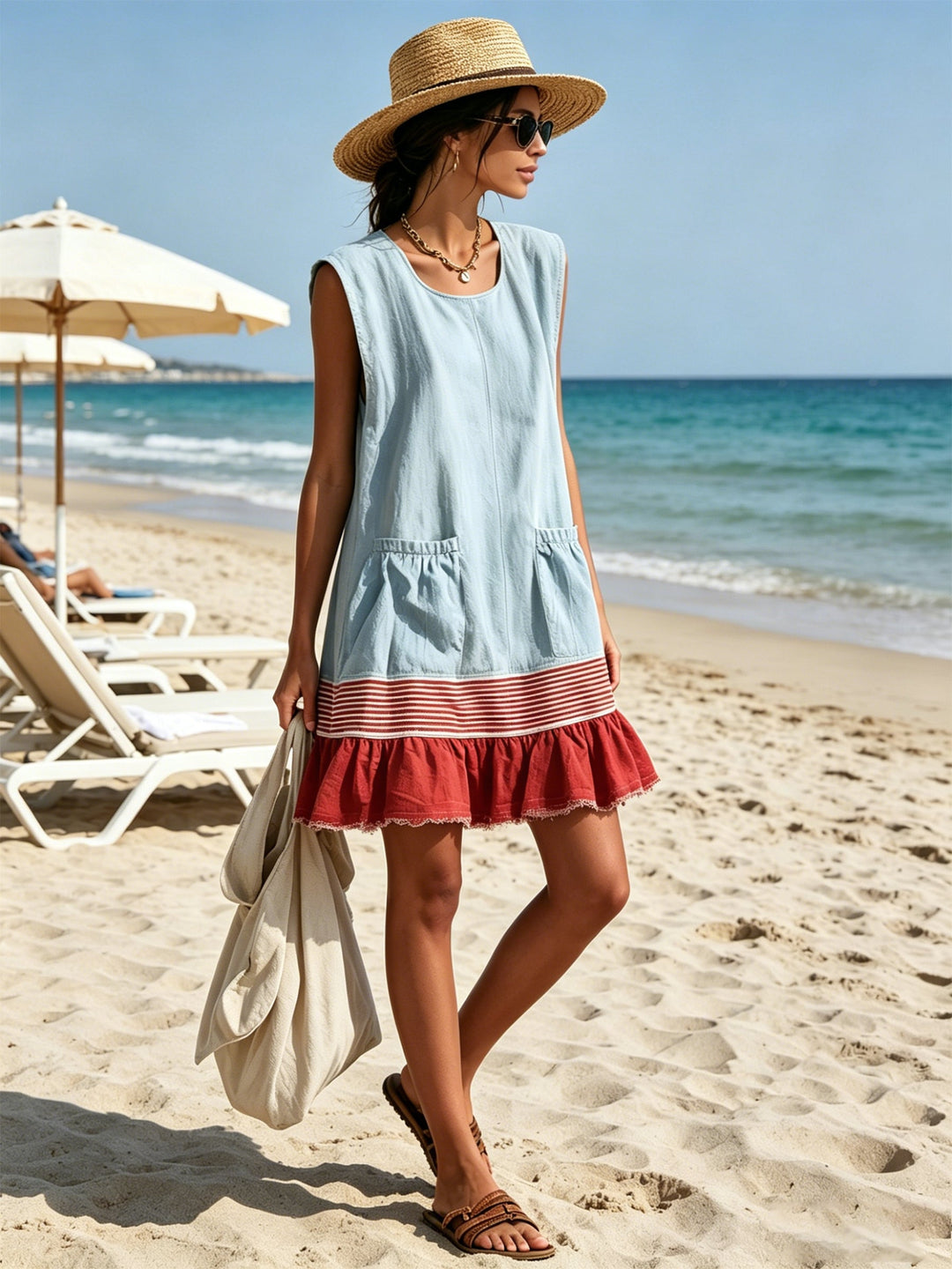Effortless Blue Denim Mini Dress for Women with Ruffle Tiered Contrast Hem