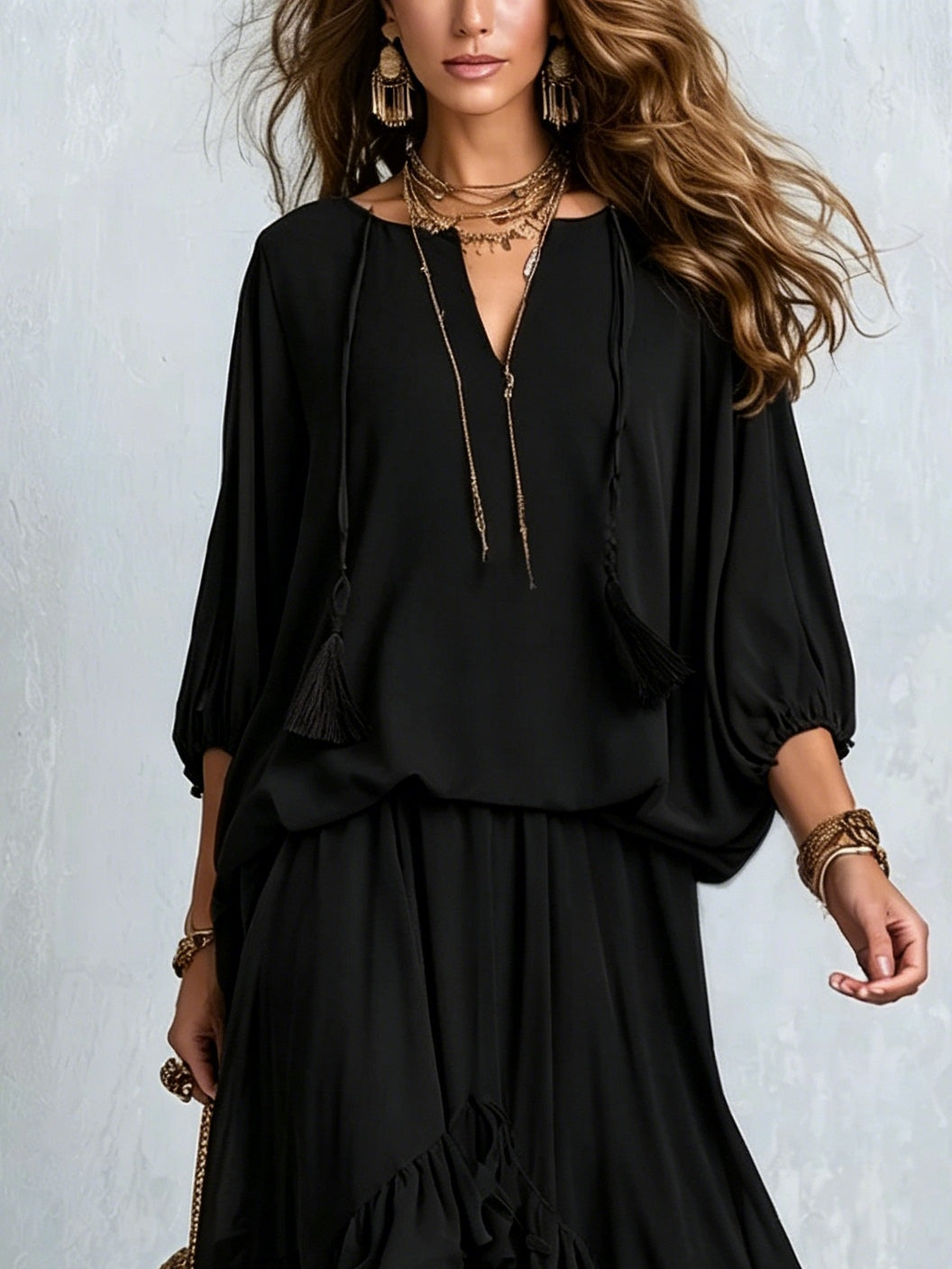 Elegant Black Boho Maxi Skirt Set for Women with Tassel Drawstring V-Neck and Ruffled Tiered Skirt