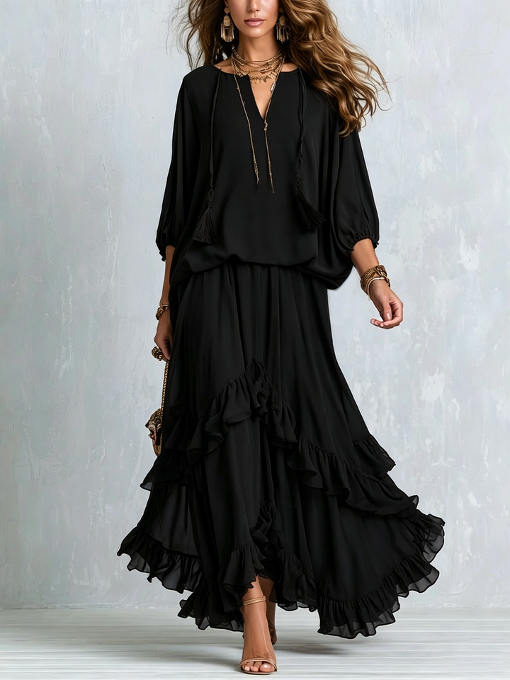 Elegant Black Boho Maxi Skirt Set for Women with Tassel Drawstring V-Neck and Ruffled Tiered Skirt