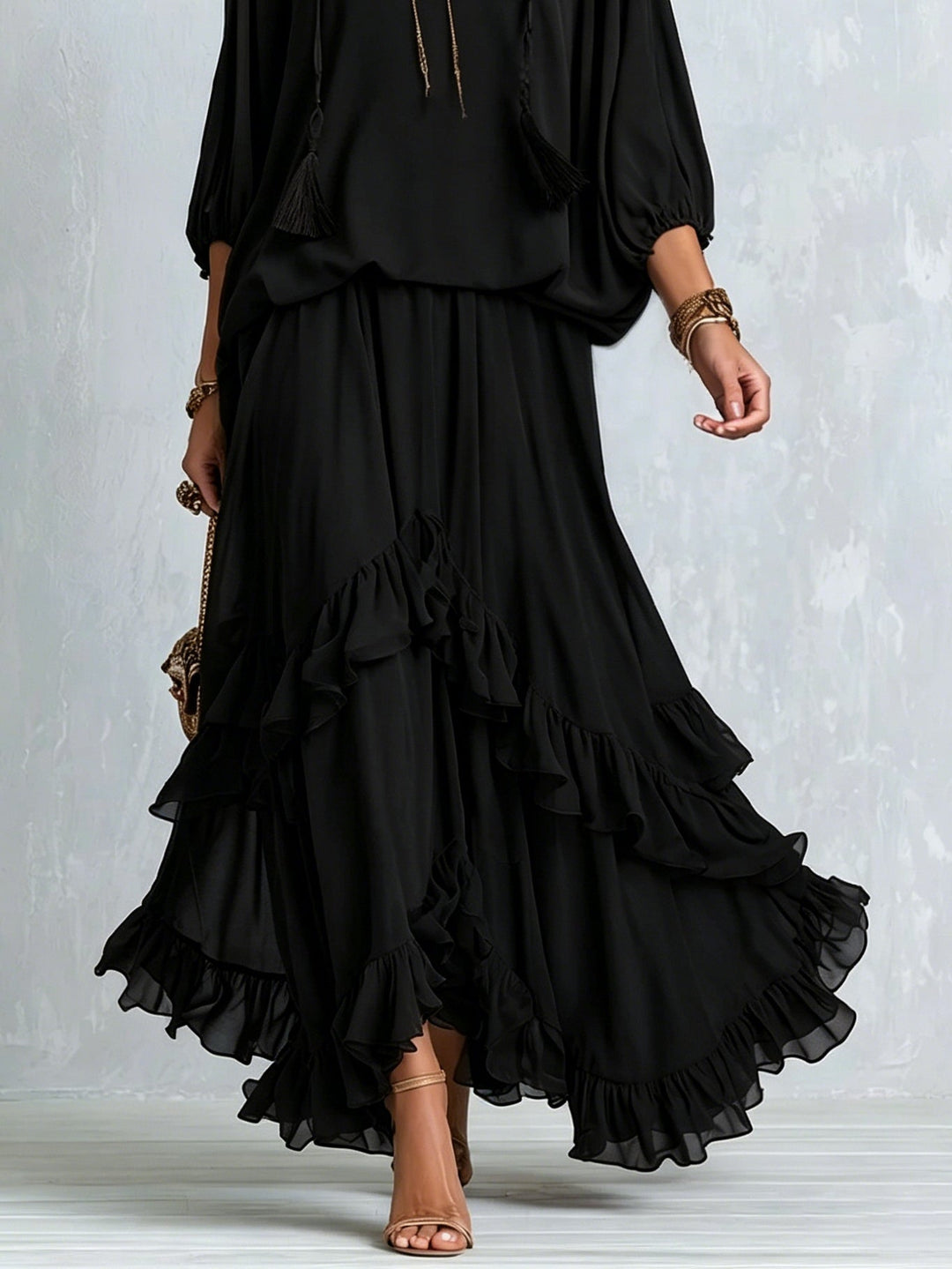 Elegant Black Boho Maxi Skirt Set for Women with Tassel Drawstring V-Neck and Ruffled Tiered Skirt
