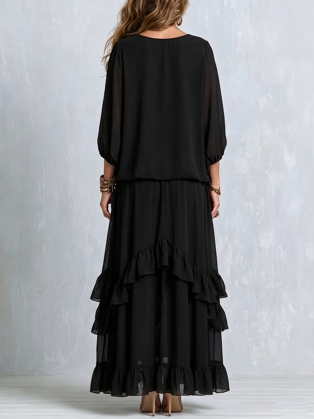 Elegant Black Boho Maxi Skirt Set for Women with Tassel Drawstring V-Neck and Ruffled Tiered Skirt