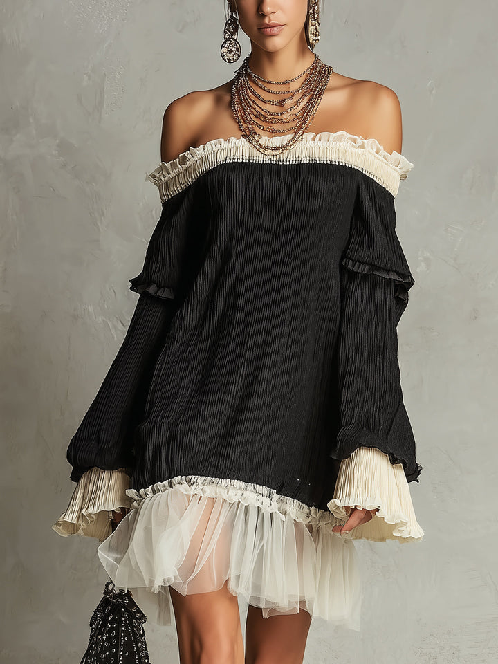 Elegant Black Mini Dress for Women with Off Shoulder Lace Trim Ruffle Sleeve