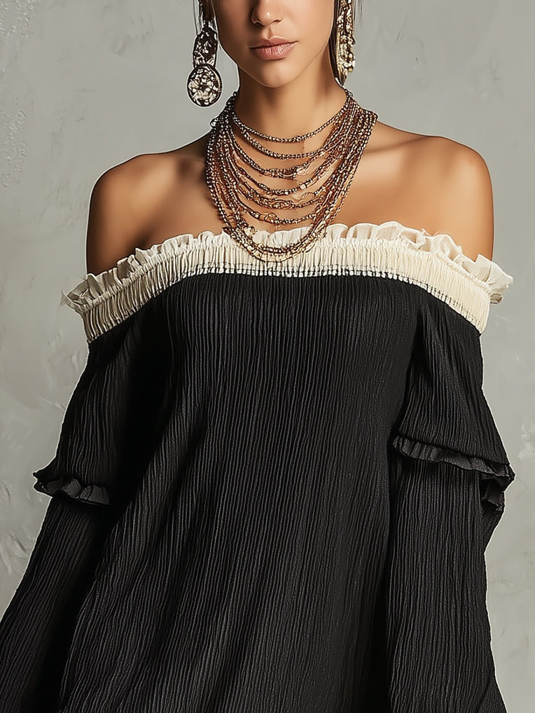 Elegant Black Mini Dress for Women with Off Shoulder Lace Trim Ruffle Sleeve
