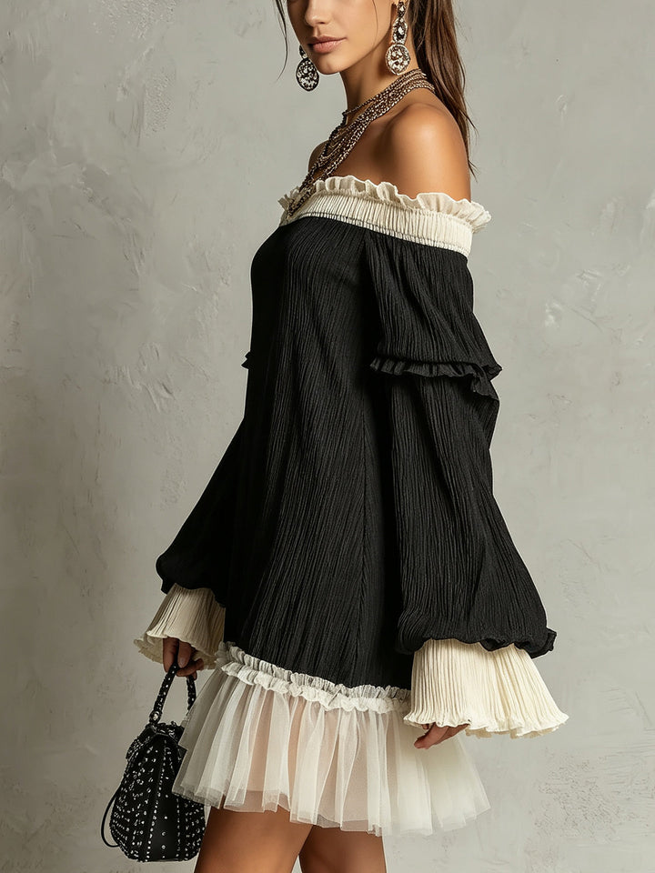 Elegant Black Mini Dress for Women with Off Shoulder Lace Trim Ruffle Sleeve