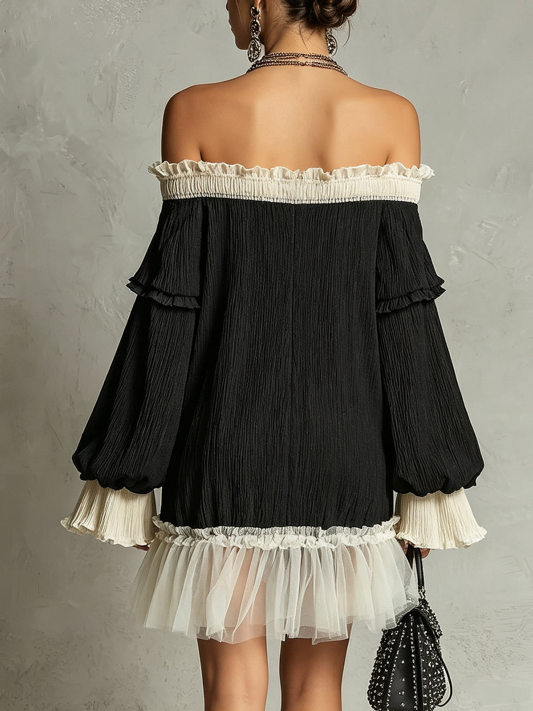 Elegant Black Mini Dress for Women with Off Shoulder Lace Trim Ruffle Sleeve