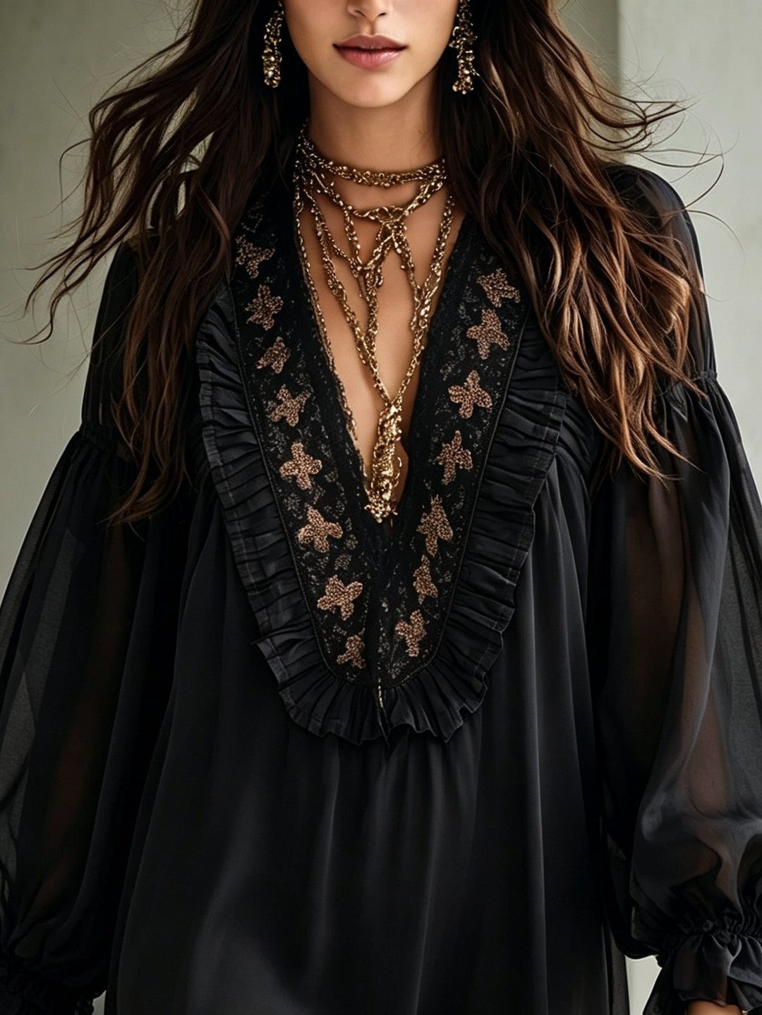 Elegant Black Tie Dress for Women with Deep V Neck Balloon Sleeve Ruffle Boho Style