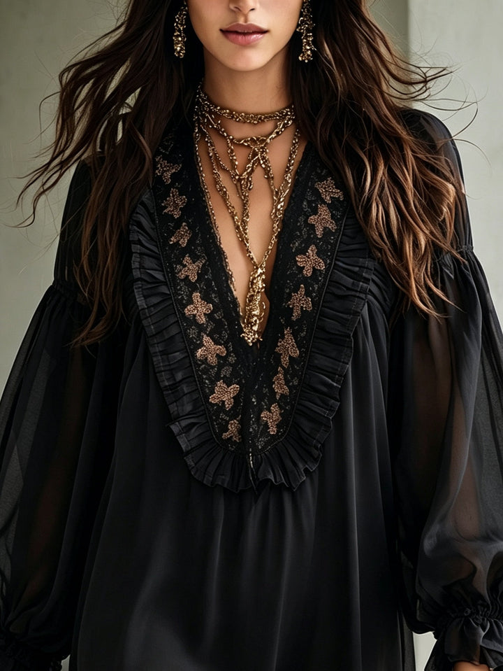 Elegant Black Tie Dress for Women with Deep V Neck Balloon Sleeve Ruffle Boho Style