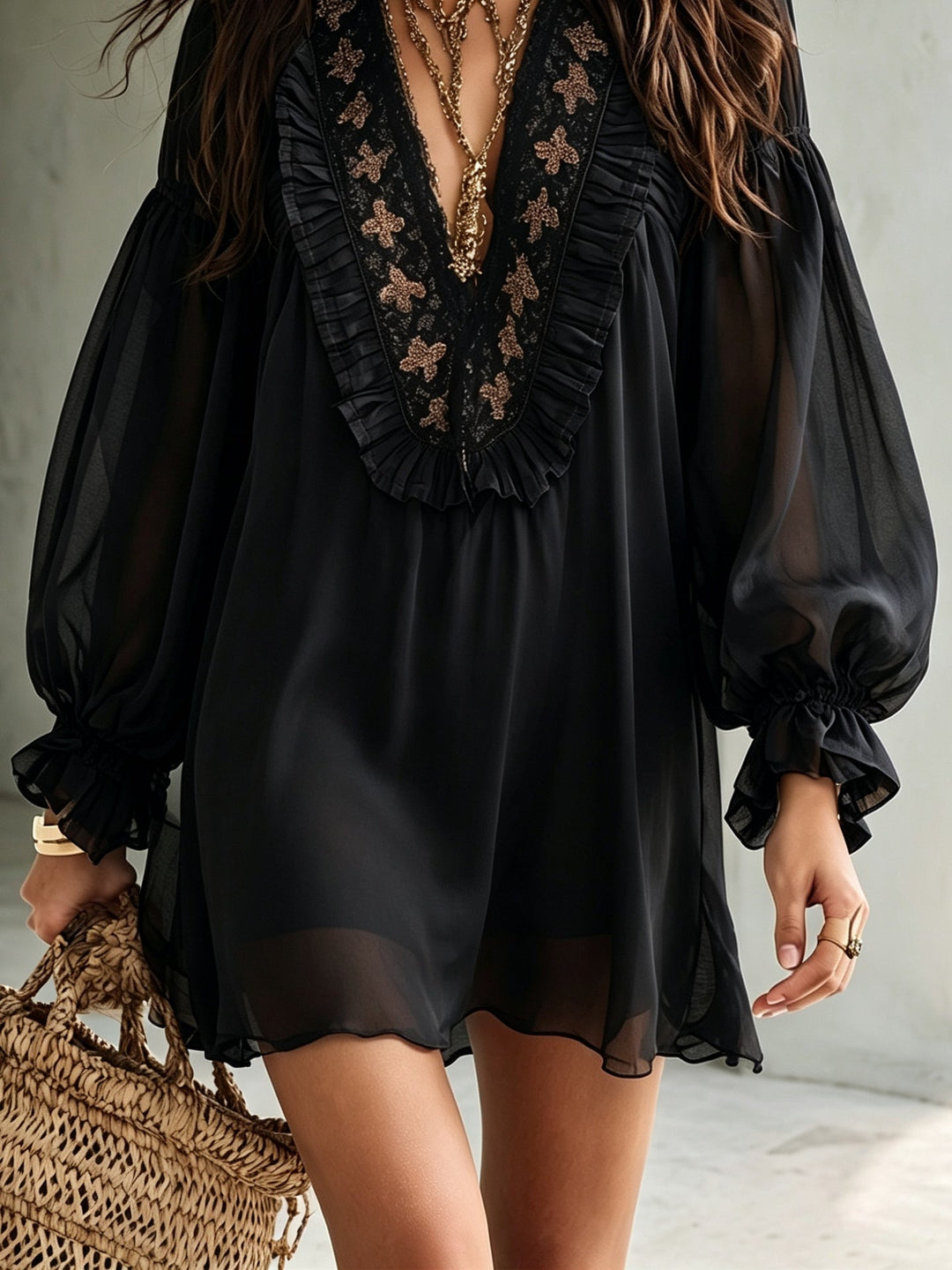Elegant Black Tie Dress for Women with Deep V Neck Balloon Sleeve Ruffle Boho Style