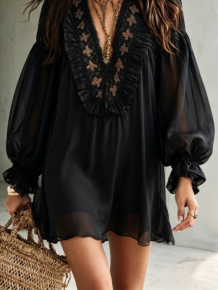 Elegant Black Tie Dress for Women with Deep V Neck Balloon Sleeve Ruffle Boho Style