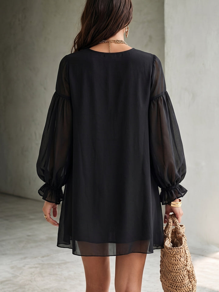 Elegant Black Tie Dress for Women with Deep V Neck Balloon Sleeve Ruffle Boho Style