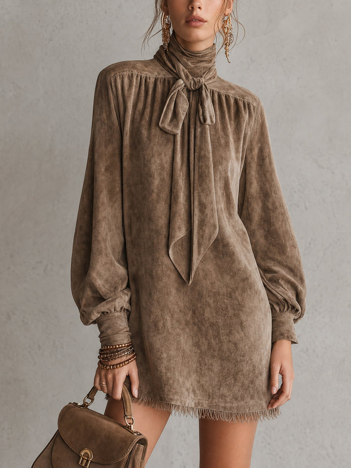 Elegant Brown Faux Suede Long Sleeve Mini Dress for Women with Tie Neck Bow Detail Fringe Hem Bohemian Style
