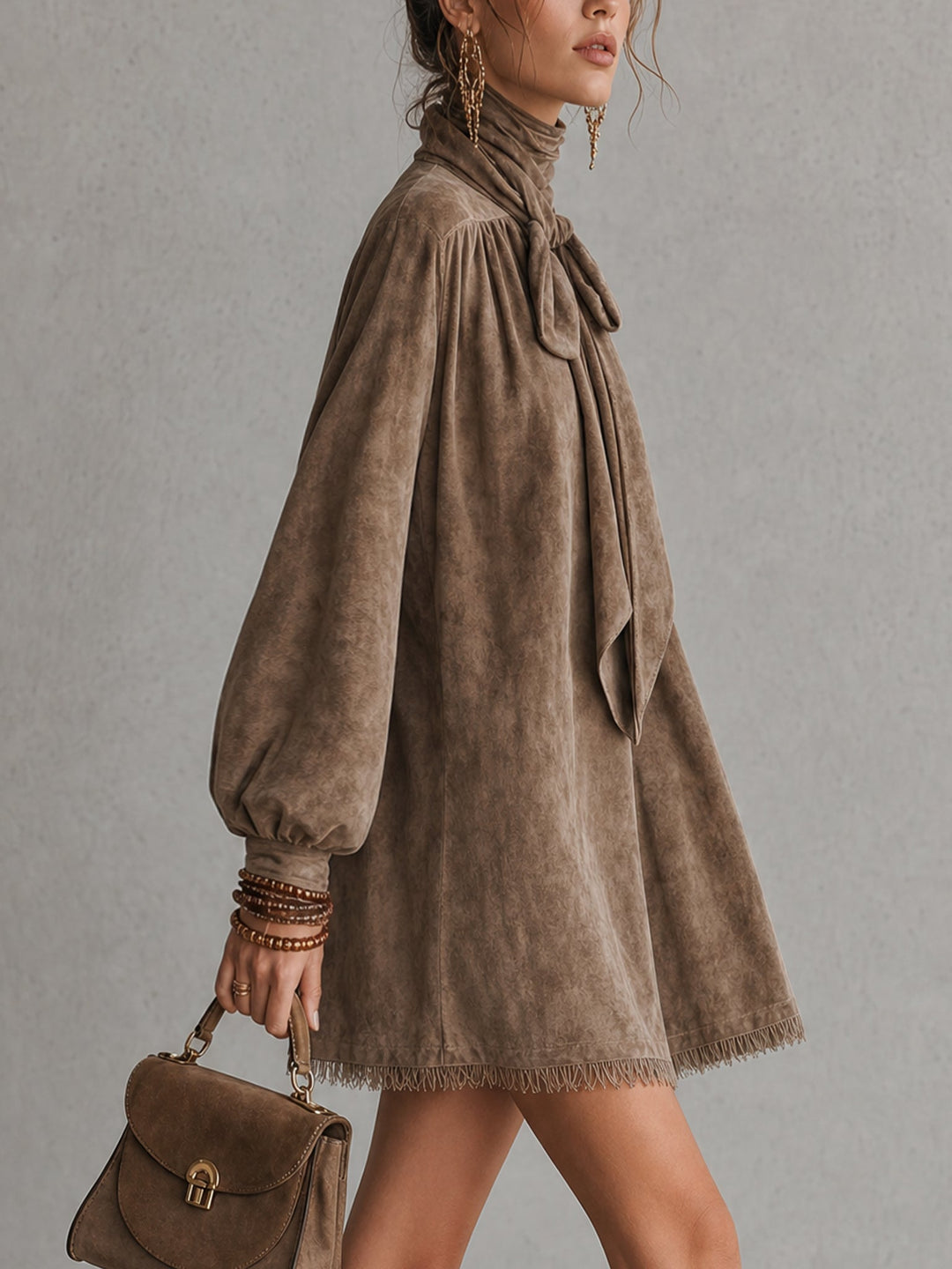 Elegant Brown Faux Suede Long Sleeve Mini Dress for Women with Tie Neck Bow Detail Fringe Hem Bohemian Style
