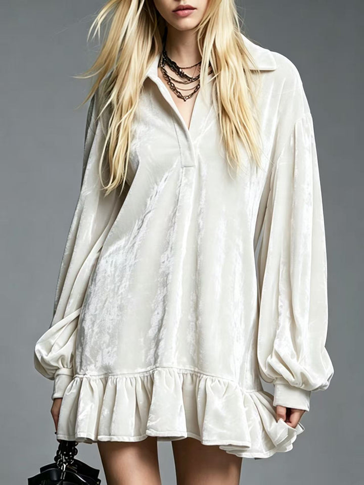 Elegant Velvet Mini Dress for Women with Collared V Neck Lantern Sleeve Ruffled Hem Style