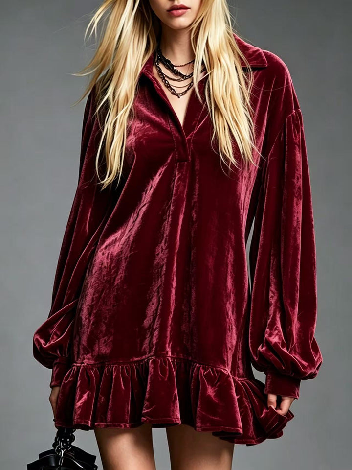 Elegant Velvet Mini Dress for Women with Collared V Neck Lantern Sleeve Ruffled Hem Style
