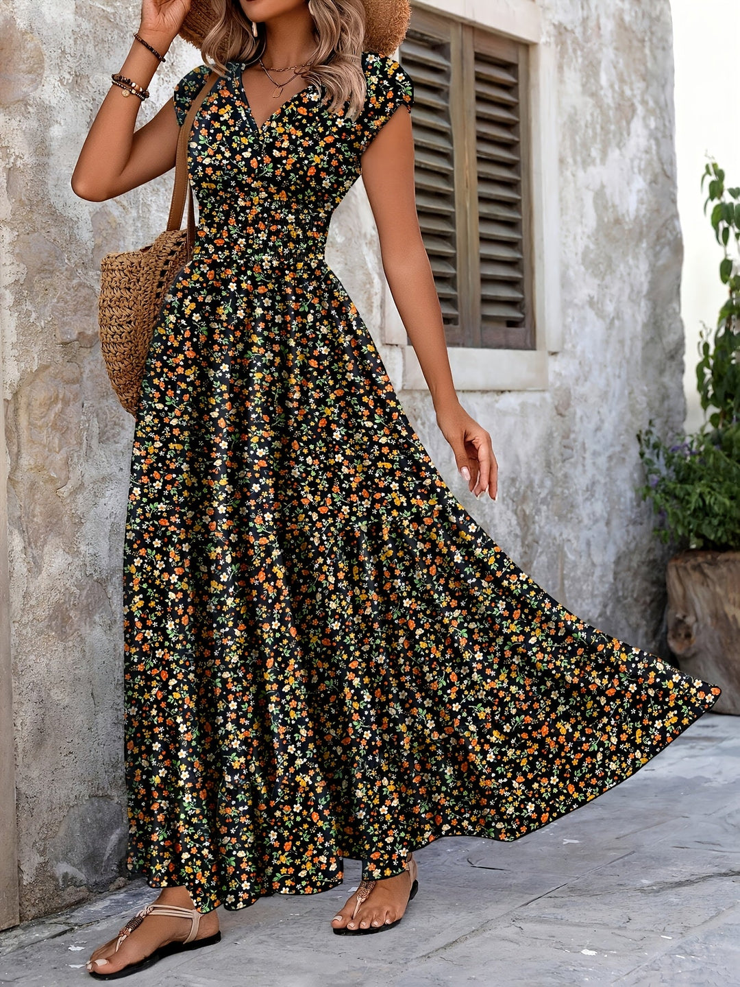 Effortless Floral Boho Dress for Women with V Neck Cap Sleeve Smocked Waist Tiered Flowing Style