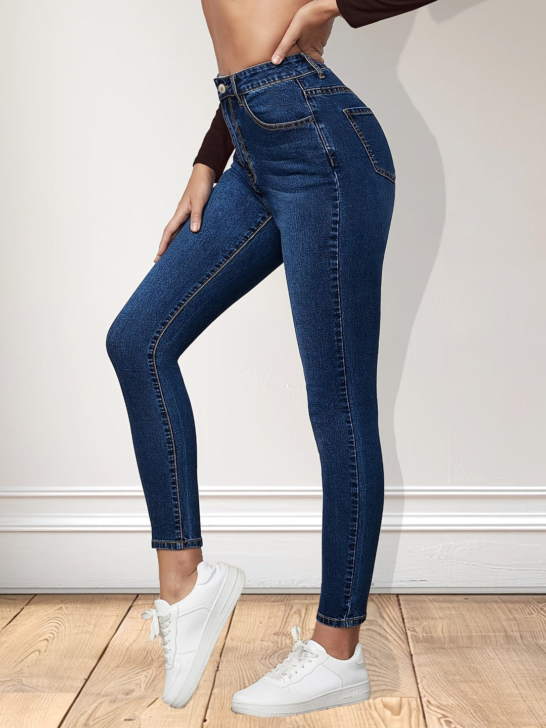 Effortless Blue Relaxed Skinny Jeans for Women with High Waist Slim Fit Ankle Length