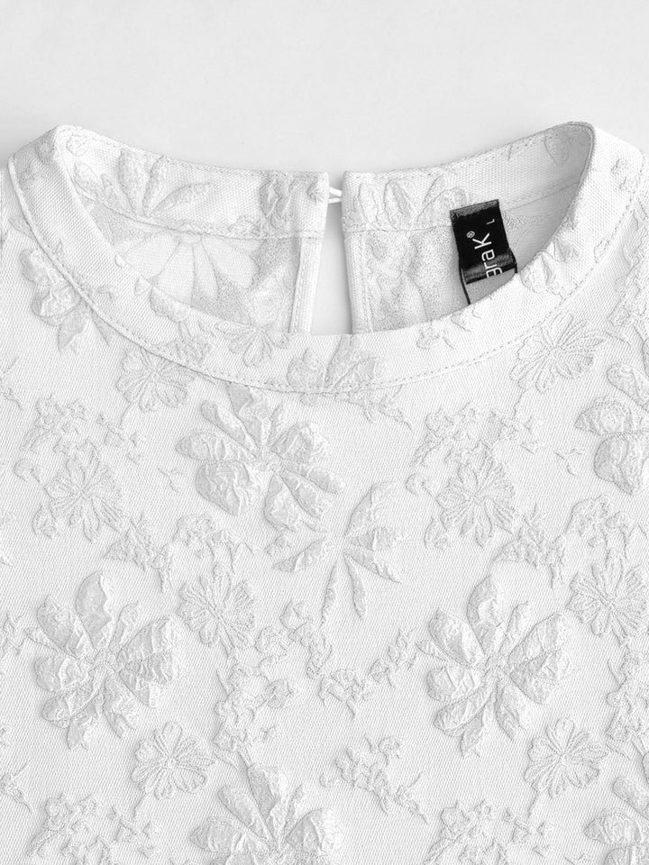Elegant White Mini Dress for Women with Puff Sleeve Textured Lace Shift