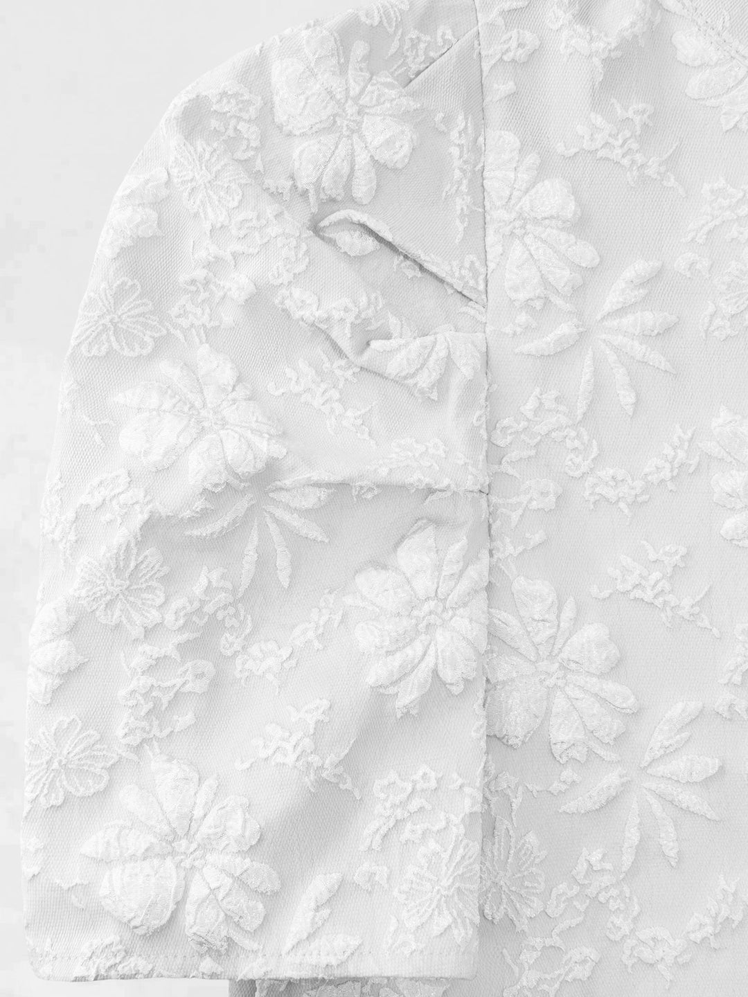 Elegant White Mini Dress for Women with Puff Sleeve Floral Jacquard Round Neck Style
