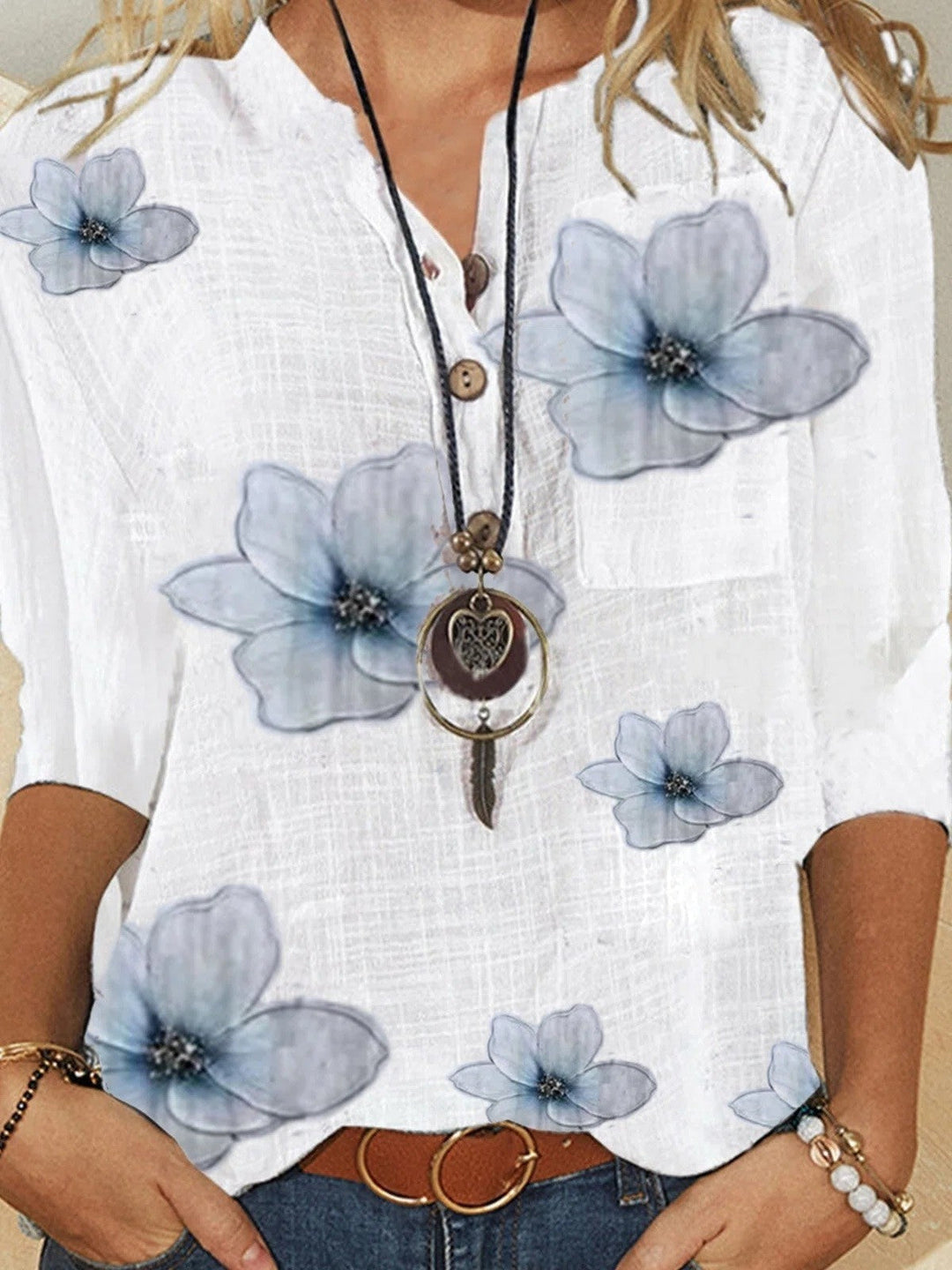 Elegant White Floral Linen Blouse for Women with Split Neck Elbow Sleeve Button Front Bohemian Style