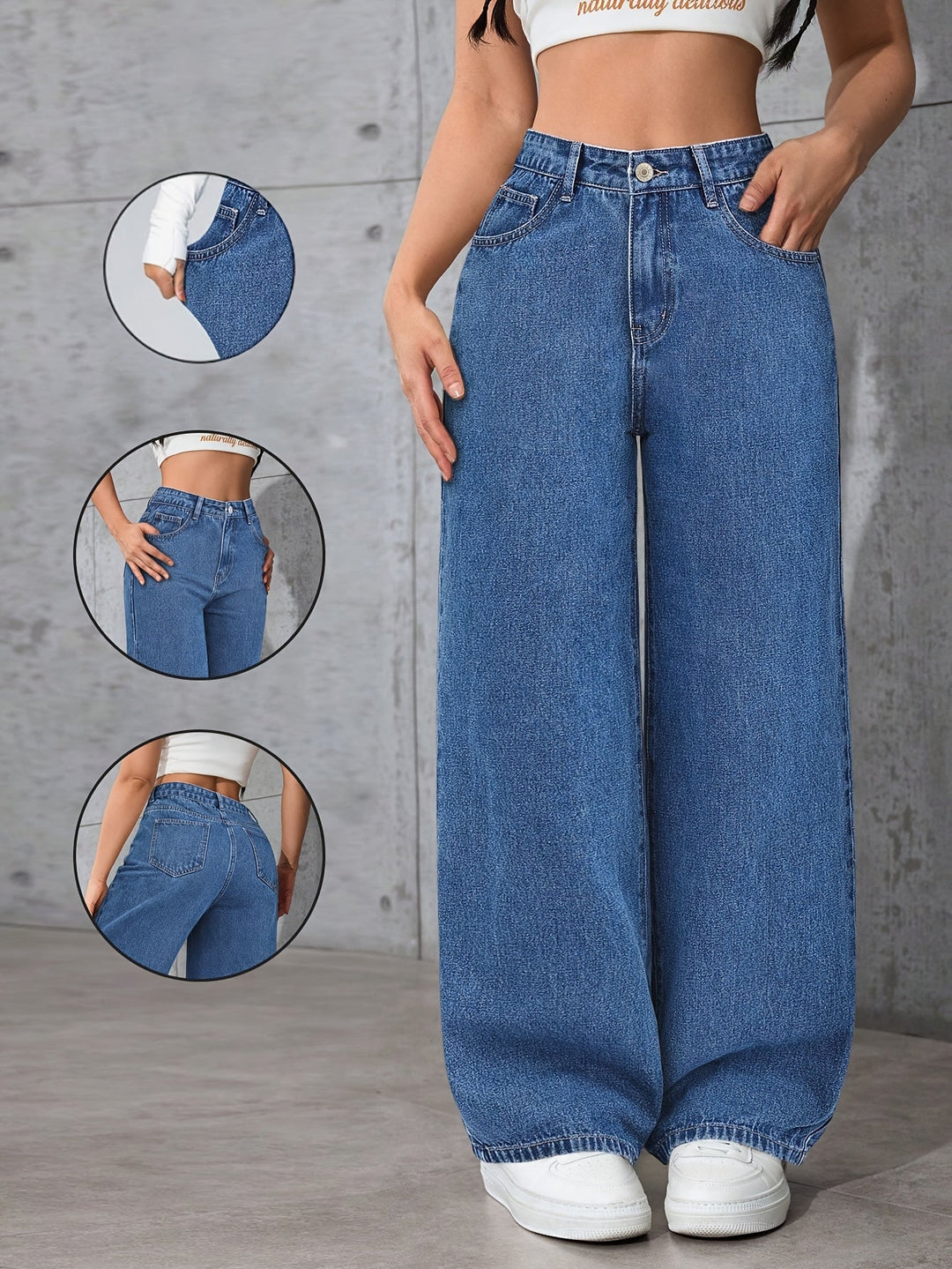 Relaxed Blue Wide Leg Jeans for Women with High Waist Flowing Loose Fit Denim Style