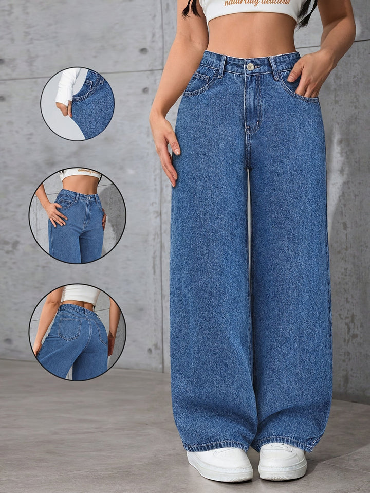 Relaxed Blue Wide Leg Jeans for Women with High Waist Flowing Loose Fit Denim Style