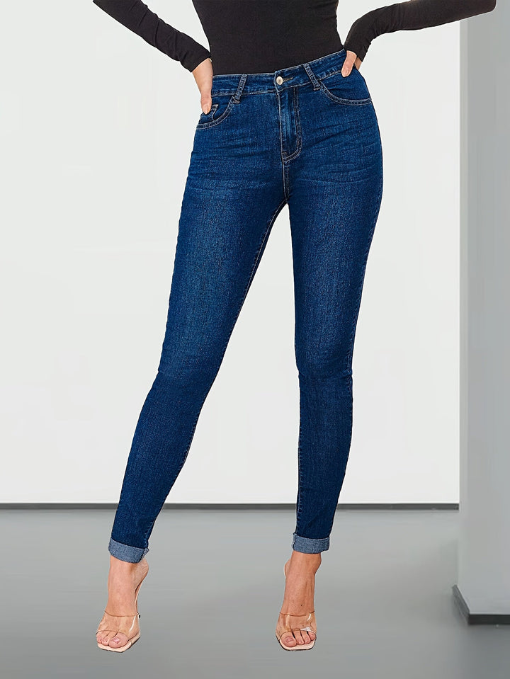 Effortless Medium Blue Relaxed Skinny Jeans for Women with High Waist Cuffed Ankle Stretch Denim