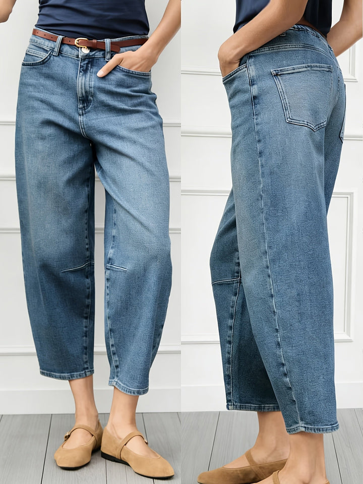 Effortless Relaxed Blue Barrel Jeans for Women with High Waist Curved Leg