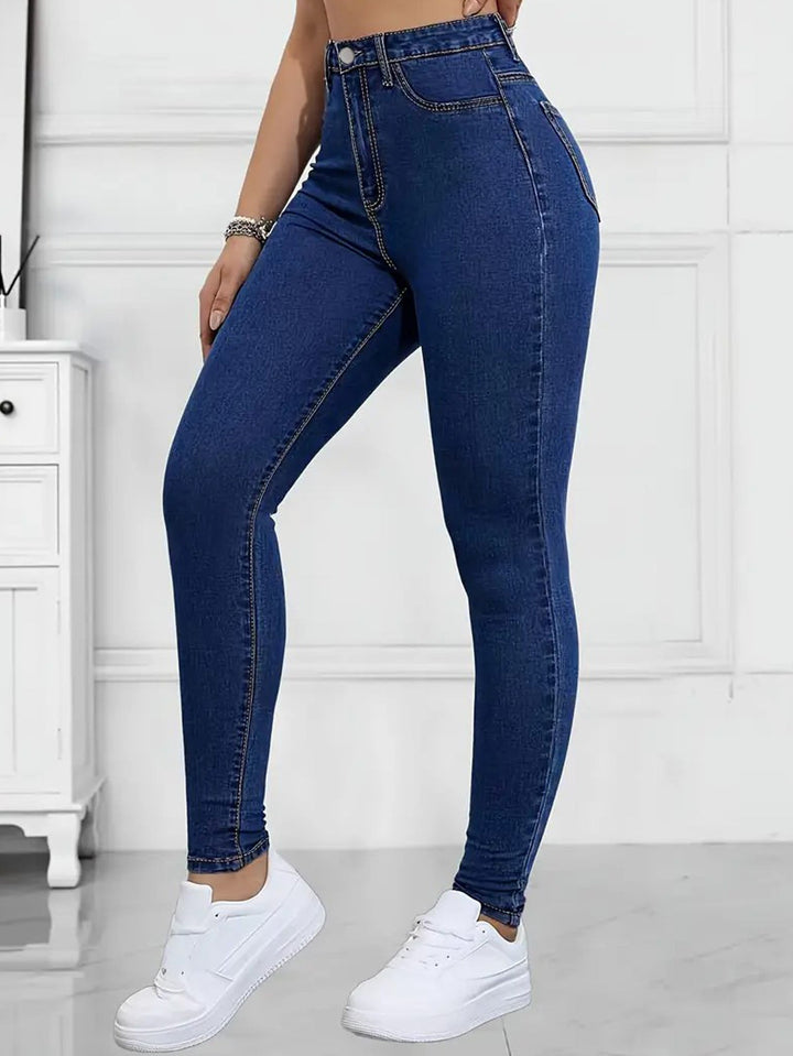 Effortless Dark Blue Relaxed Skinny Jeans for Women with High Waist Slim Fit Stretch Denim