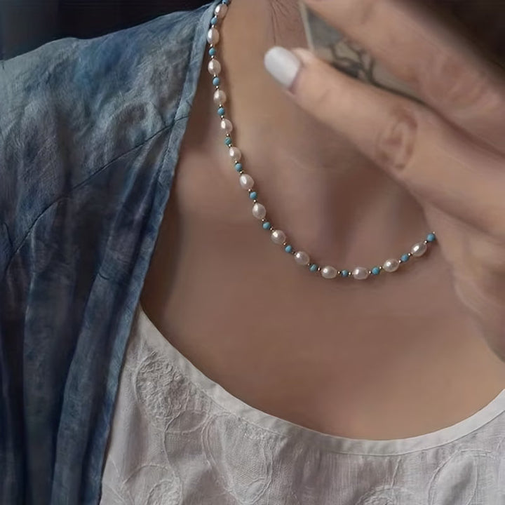 Sophisticated Pearl and Turquoise Beads Necklace