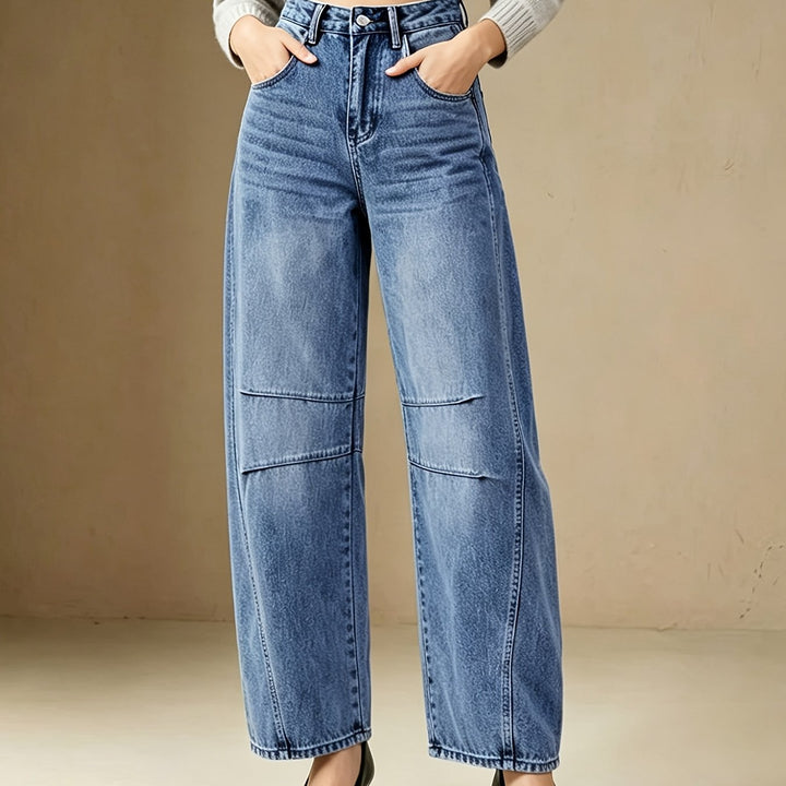 Effortless Relaxed Blue Barrel Jeans for Women with High Waist Seam Detail