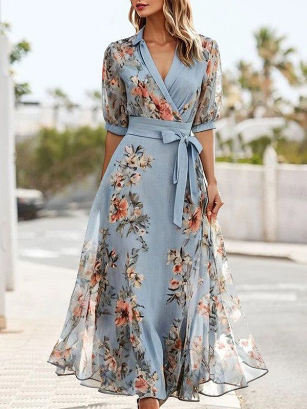 Elegant Blue Floral Wrap Maxi Dress for Women with V-Neck Puff Sleeve Tie Waist Casual Wedding Guest Style
