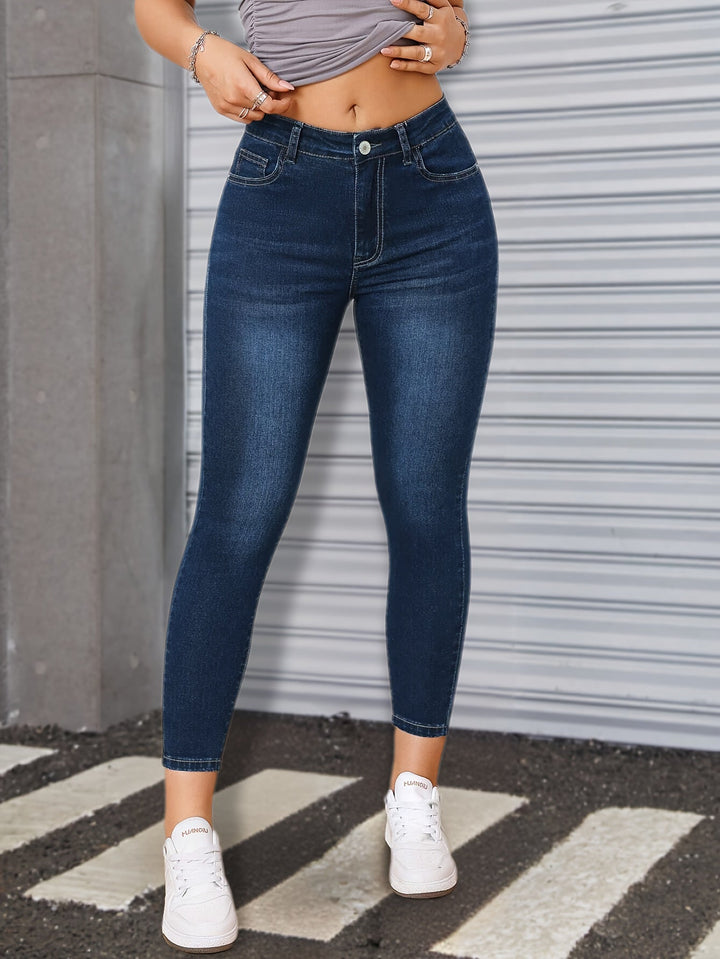Effortless Blue Relaxed Skinny Jeans for Women with High Waist Slim Fit Stretch Denim