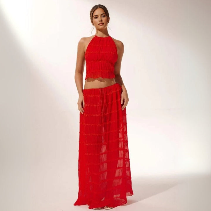 Effortless Textured Two Piece Set for Women with Halter Top Tiered Maxi Skirt Bohemian Style
