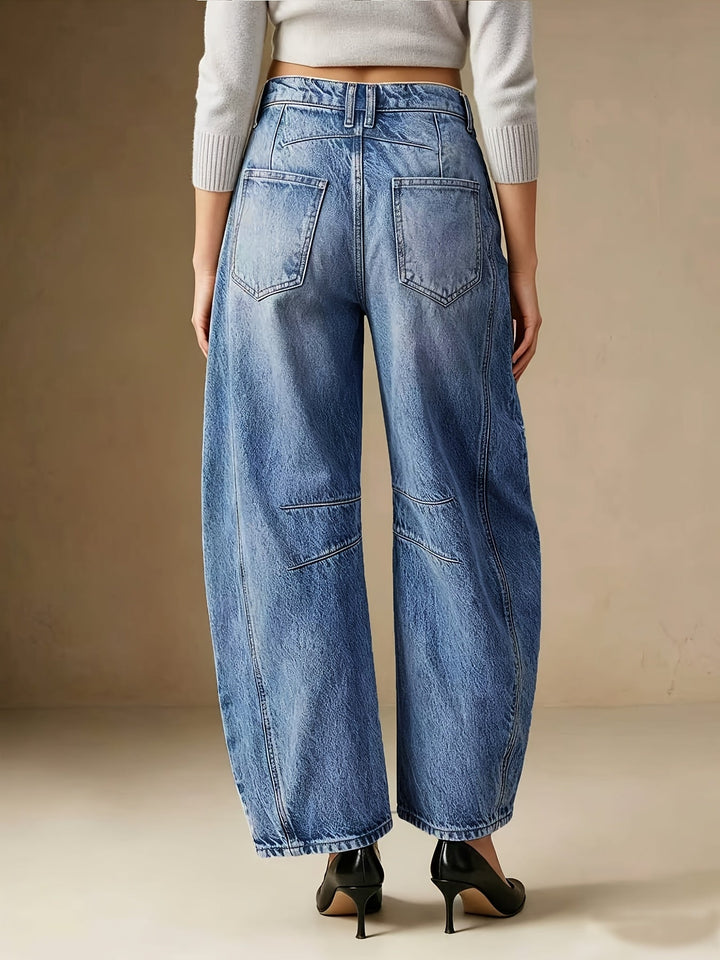 Effortless Relaxed Blue Barrel Jeans for Women with High Waist Seam Detail