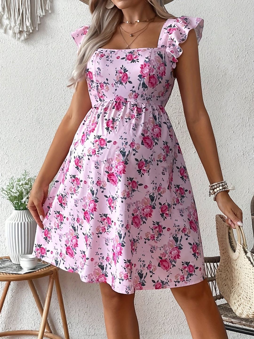 Effortless Floral Maternity Mini Dress for Women with Square Neck Ruffle Sleeve Tie Back Cutout Style
