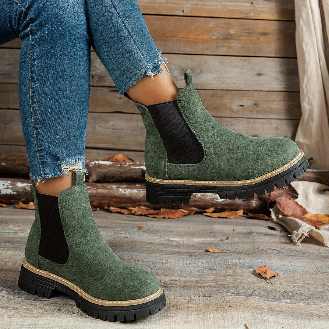 Stylish Suede Chelsea Boots for Women with Round Toe Pull Tab Platform Style