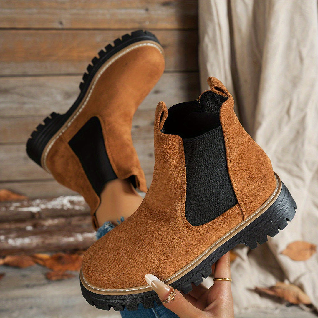 Stylish Suede Chelsea Boots for Women with Round Toe Pull Tab Platform Style