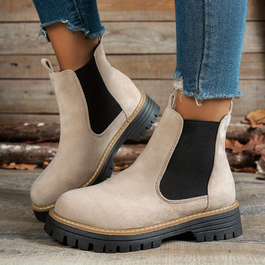 Stylish Suede Chelsea Boots for Women with Round Toe Pull Tab Platform Style
