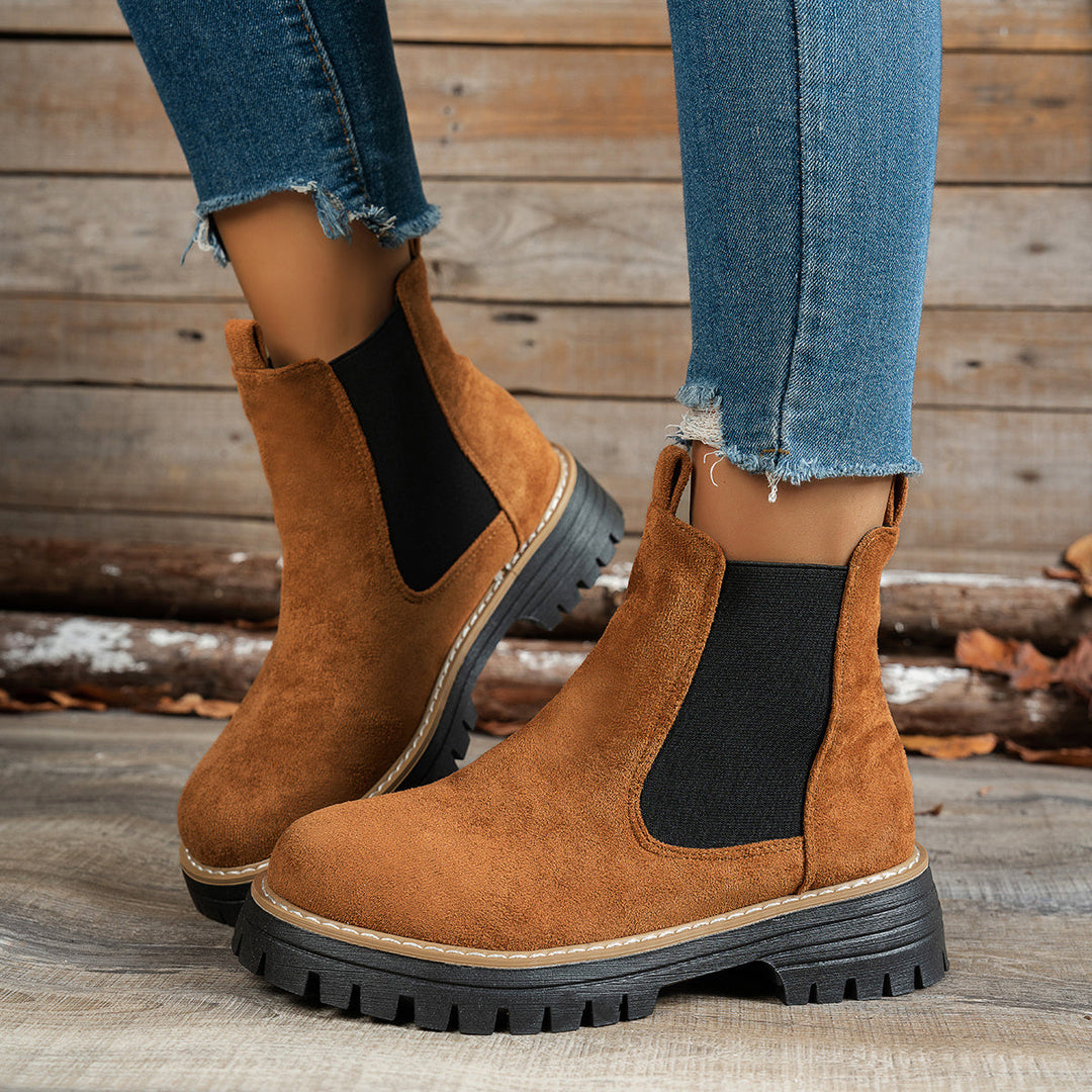 Stylish Suede Chelsea Boots for Women with Round Toe Pull Tab Platform Style