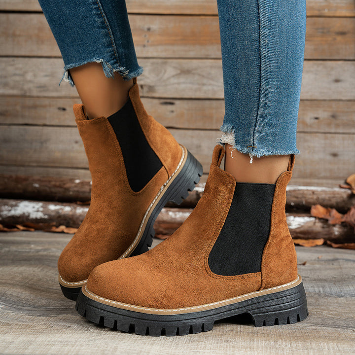 Stylish Suede Chelsea Boots for Women with Round Toe Pull Tab Platform Style