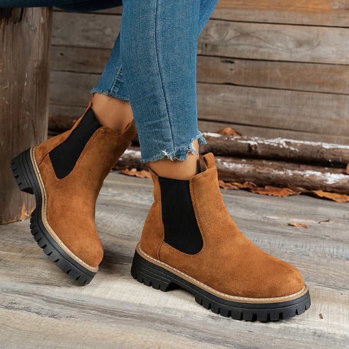 Stylish Suede Chelsea Boots for Women with Round Toe Pull Tab Platform Style