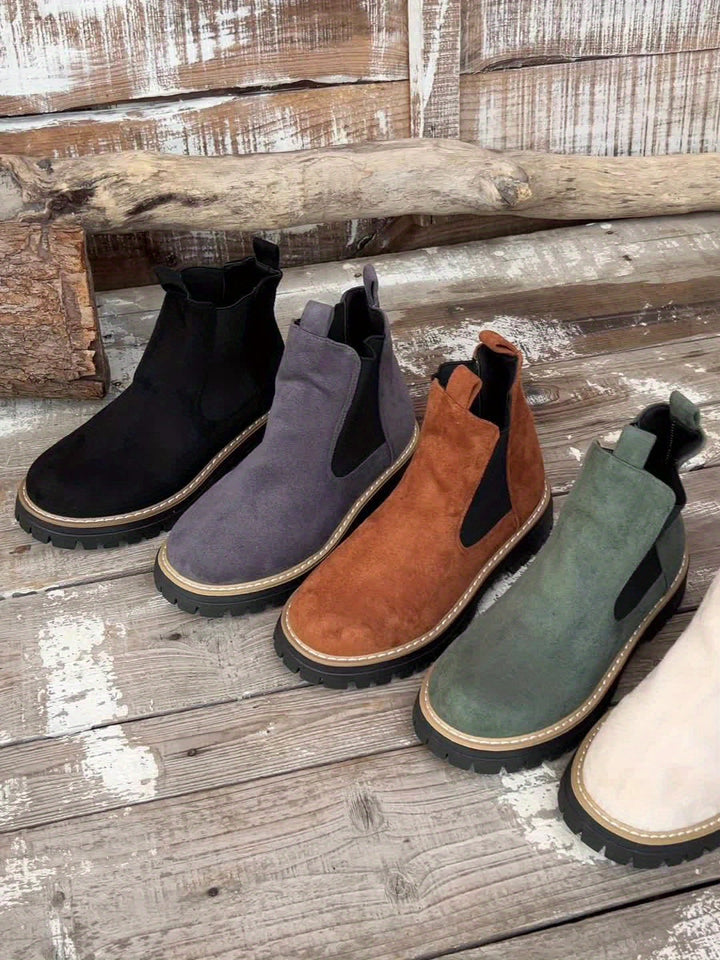 Stylish Suede Chelsea Boots for Women with Round Toe Pull Tab Platform Style