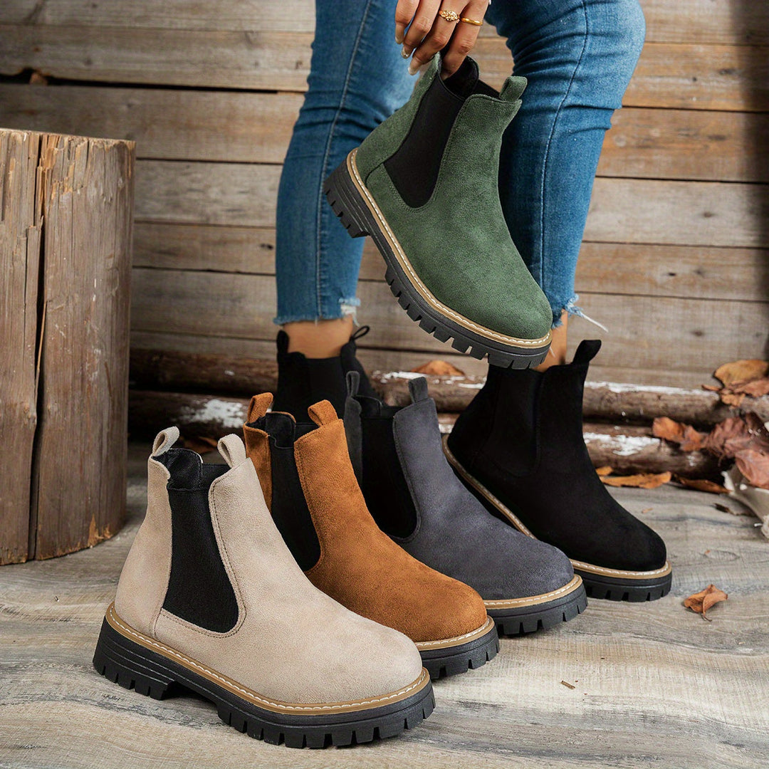 Stylish Suede Chelsea Boots for Women with Round Toe Pull Tab Platform Style